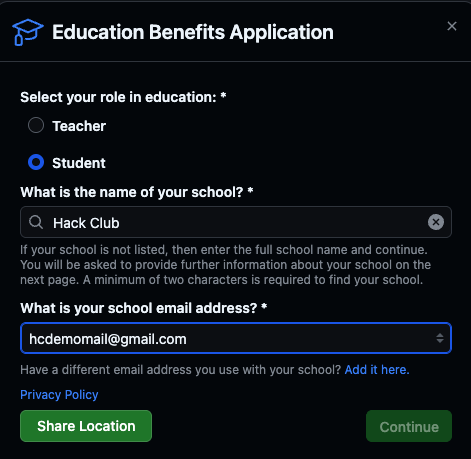 Student application popup